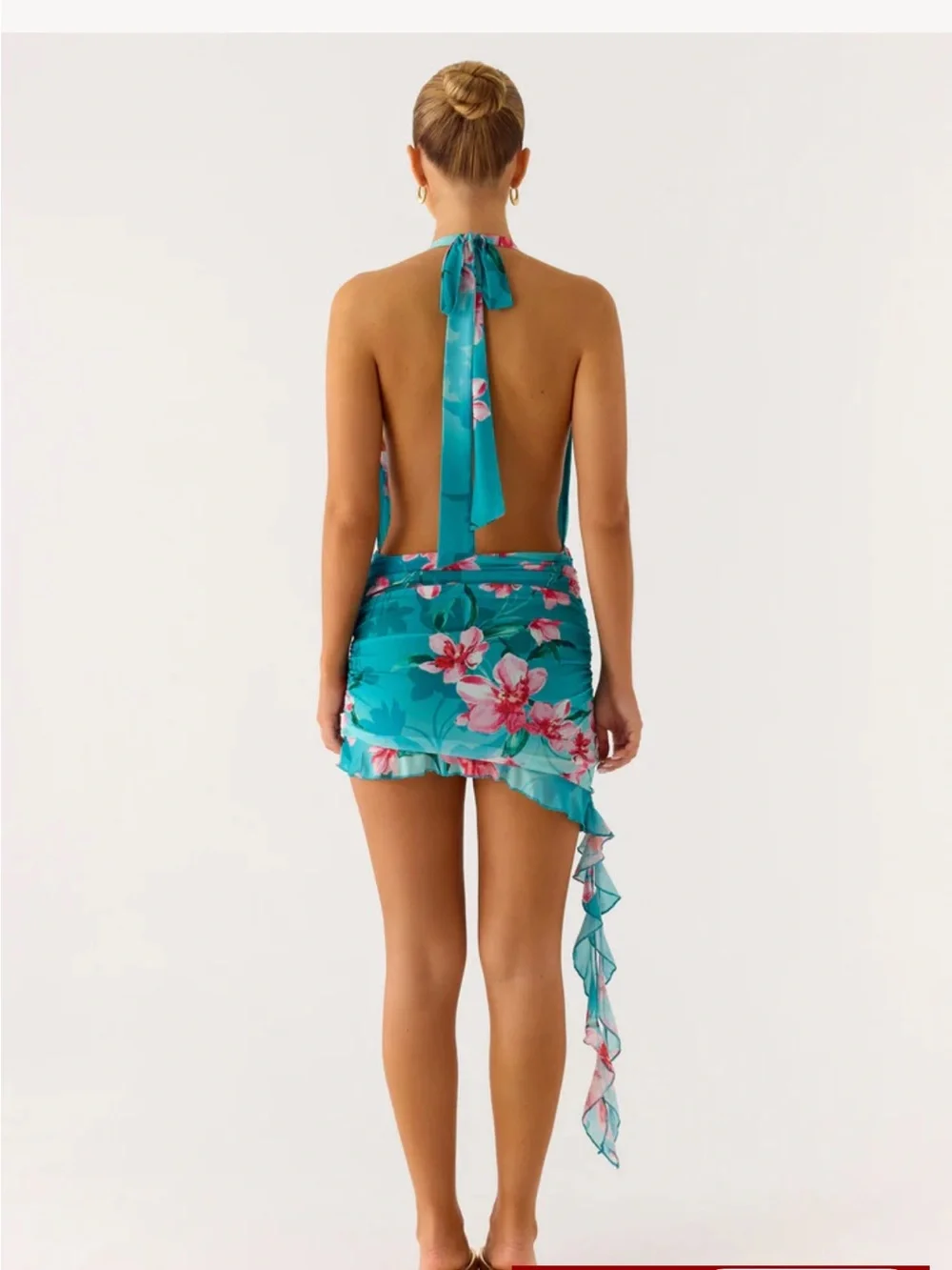 Peppermayo Teal Halter Mini Dress with Pink Floral Print - Picture 2 of 5